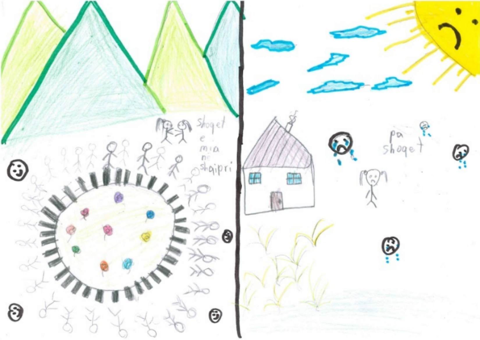 A drawing by a young refugee living in Albania.