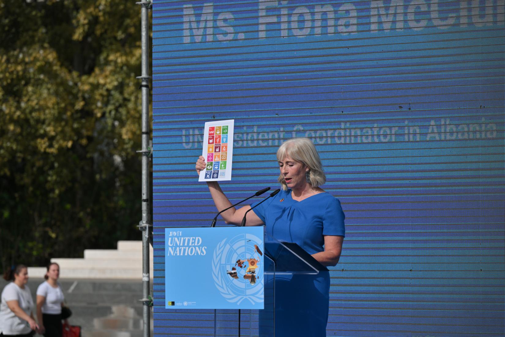 The UN Resident Coordinator in Albania, Ms. Fiona McCluney, giving a speech during the High-Level Commemorative event on UN Day.