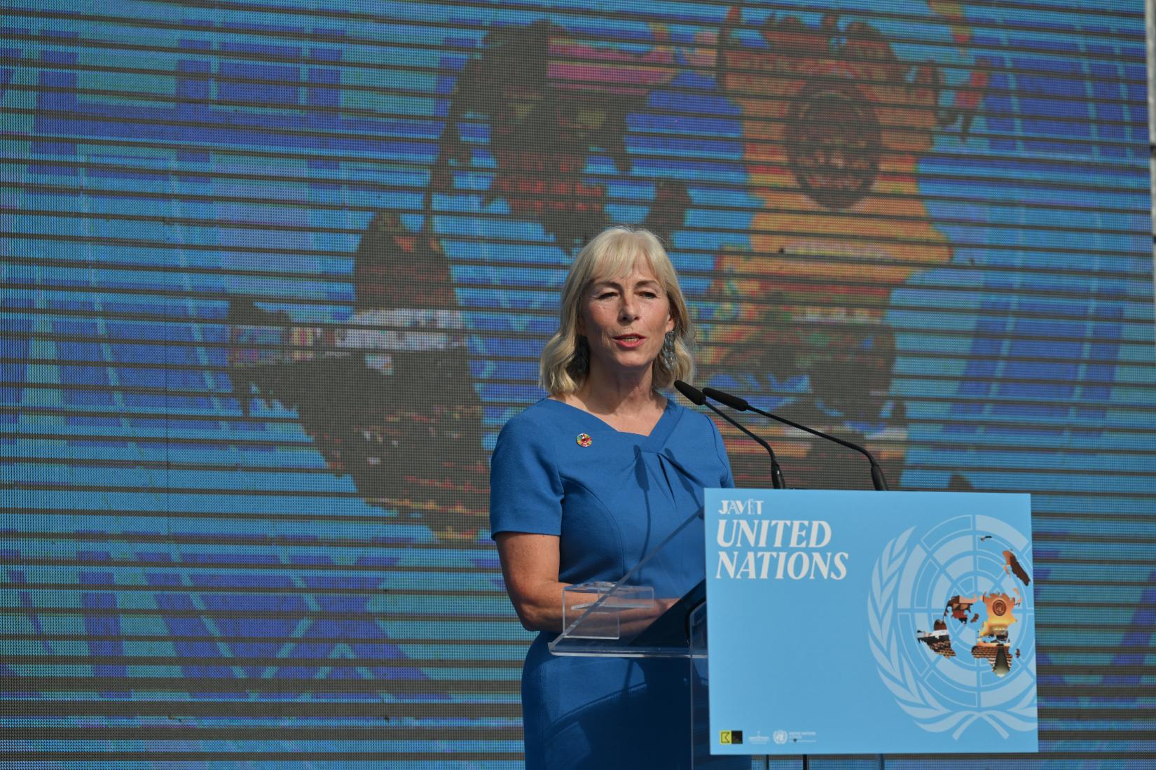 UN Resident Coordinator in Albania delivering a speech on UN Day 2023